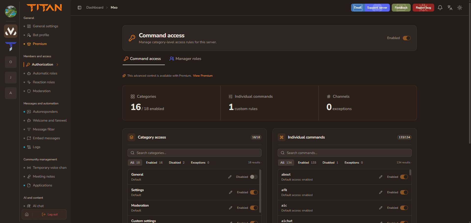 Titan server customization settings