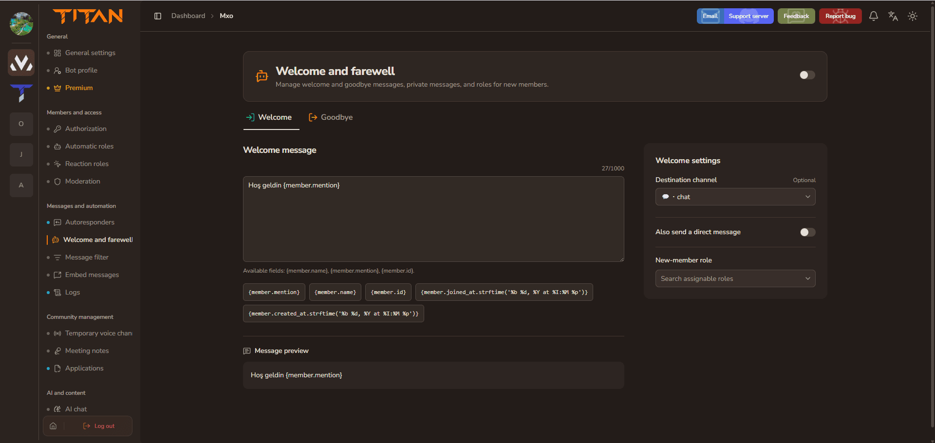 Titan welcomer settings